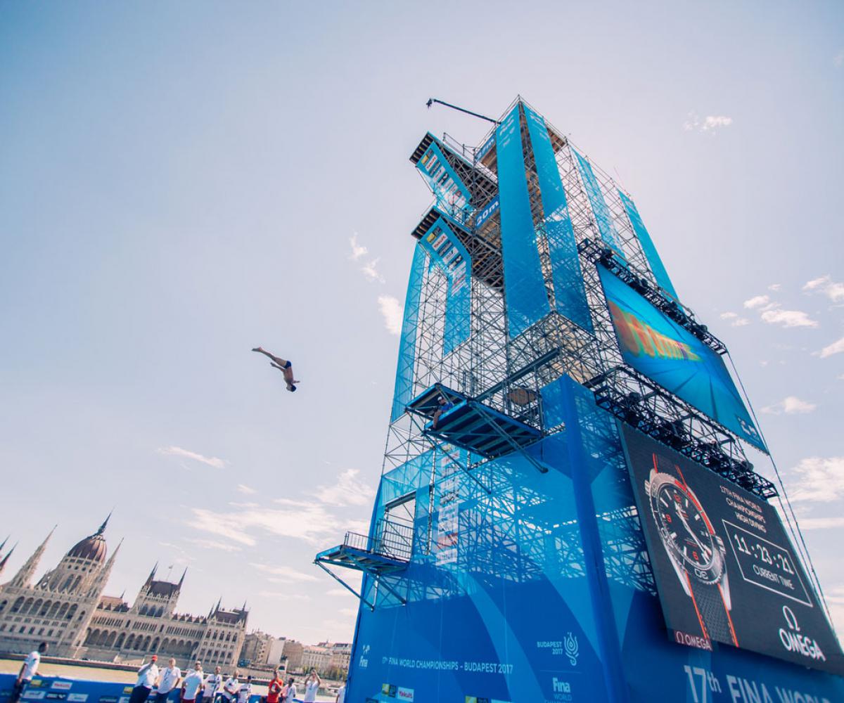 One of the most distinctive locations of the FINA World Championship was the high diving tower built
